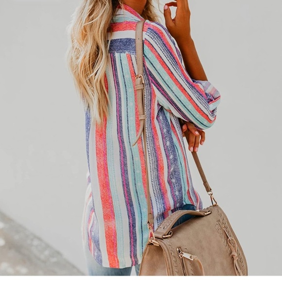 Button Down V Neck Shirts Long Sleeve Blouse Colorful Striped Casual Work large‌ - Picture 11 of 12